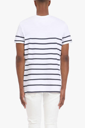 Balmain White and blue striped cotton T-shirt with black logo