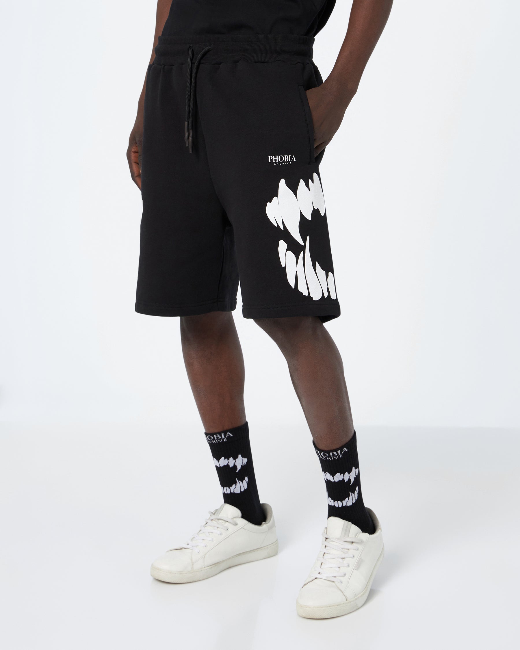 PHOBIA BLACK SHORTS WITH WHITE MOUTH PRINT