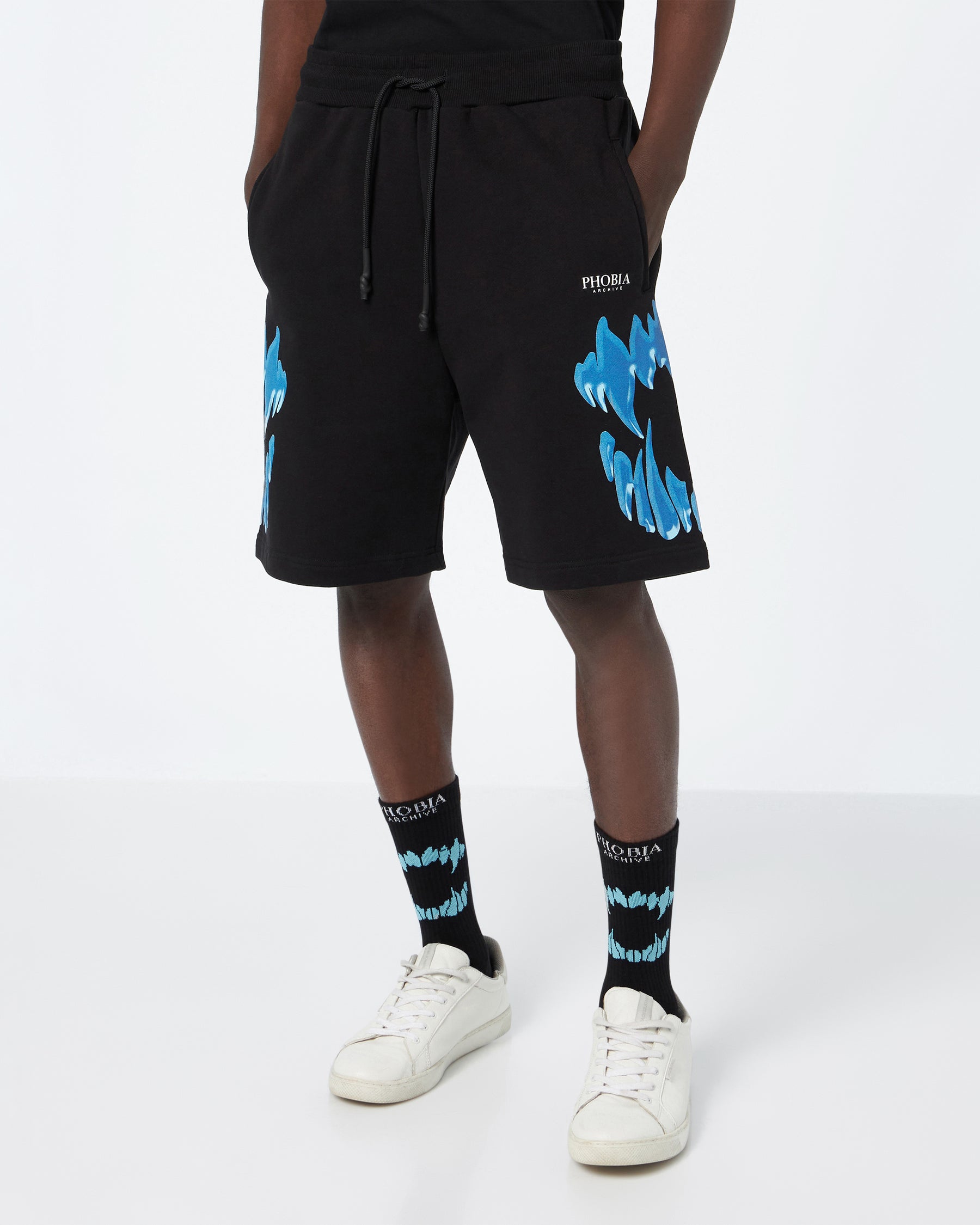 PHOBIA BLACK SHORTS WITH BLUE MOUTH PRINT