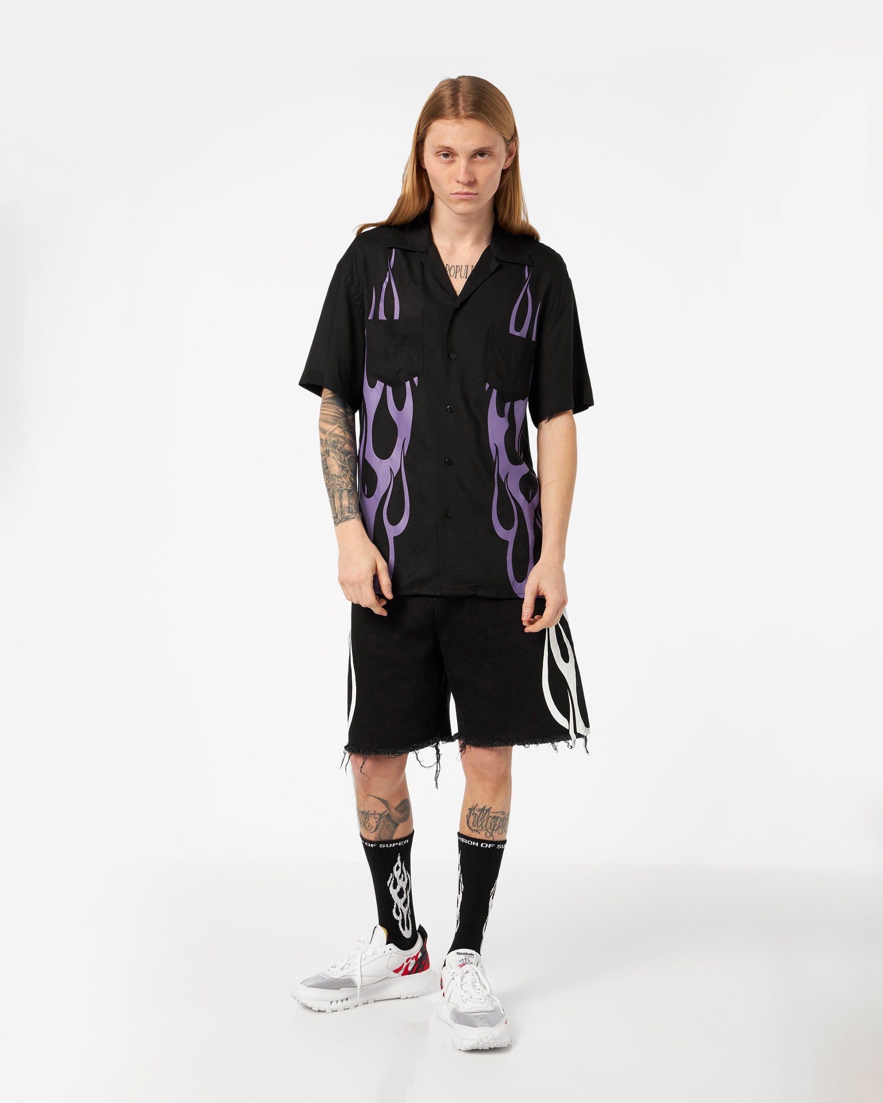 VISION OF SUPER BLACK SHIRT WITH PURPLE FLAMES